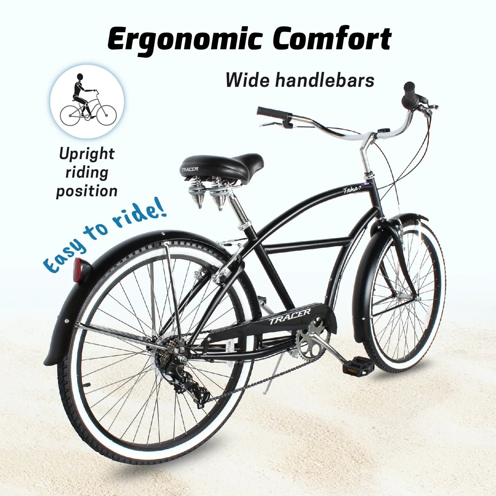 TRACER TAHA Beach Cruiser Bike for Men, 26 in Wheels, Hi Ten Steel Frame, 7 Speed, Hybrid Bike for Adults, Complete Cruiser Bikes, Coaster Brake, Matte Black